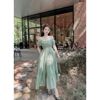 Đầm váy voan lụa nữ thiết kế vuông tay phồng nhún thân dáng váy maxi xòe xếp ly xinh, mặc đi dạo biển, đi chơi siêu xinh