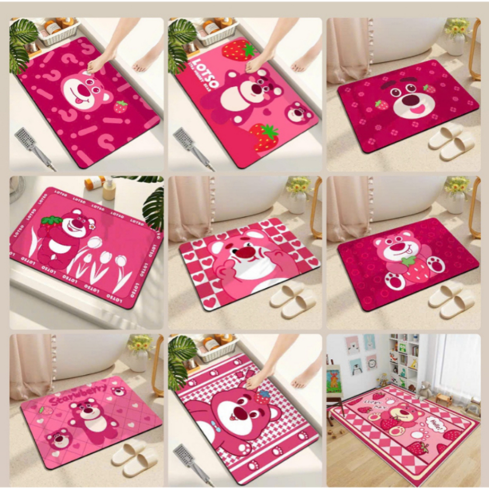 Thảm lau chân 3D gấu dâu hồng chống chơn trượt, chất liệu vải mềm mại, giao hình ngẫu nhiên