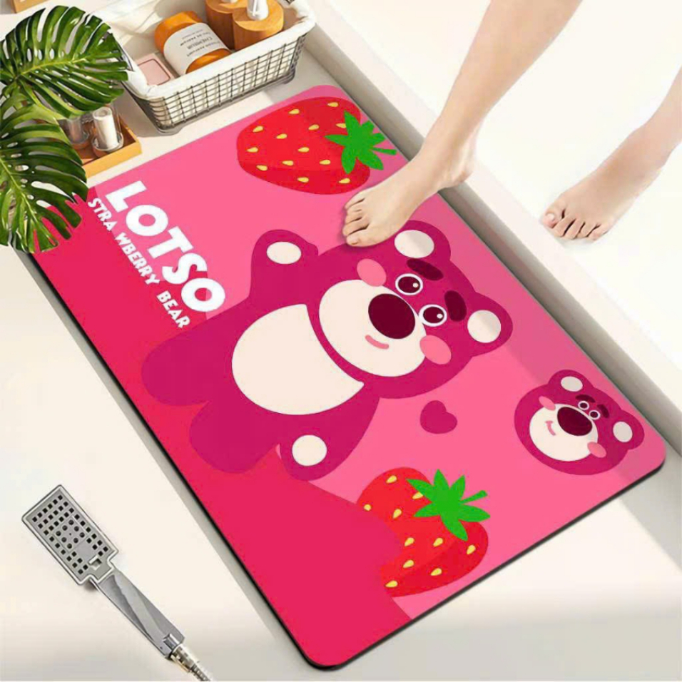 Thảm lau chân 3D gấu dâu hồng chống chơn trượt, chất liệu vải mềm mại, giao hình ngẫu nhiên