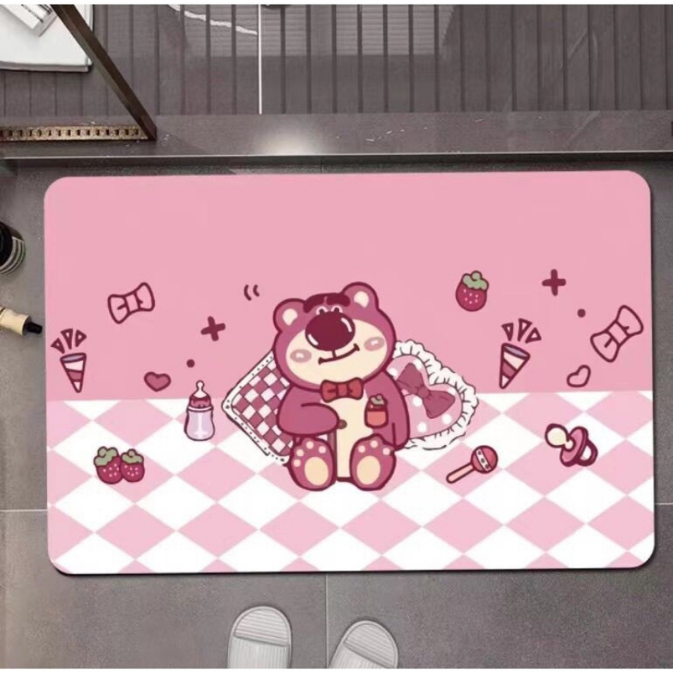 Thảm lau chân 3D gấu dâu hồng chống chơn trượt, chất liệu vải mềm mại, giao hình ngẫu nhiên
