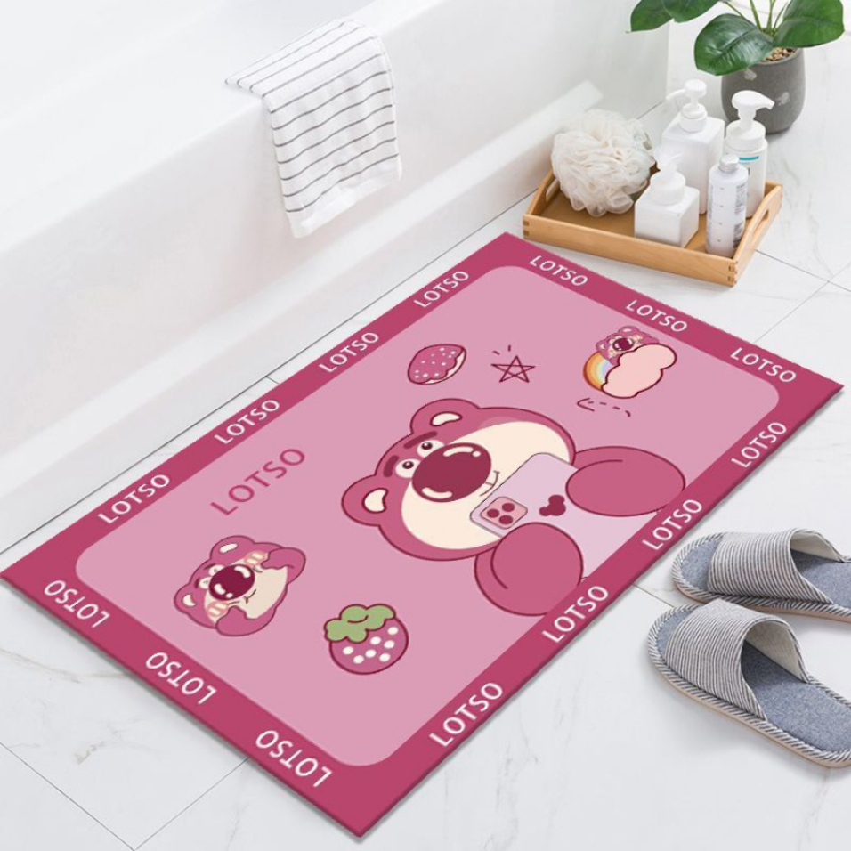 Thảm lau chân 3D gấu dâu hồng chống chơn trượt, chất liệu vải mềm mại, giao hình ngẫu nhiên