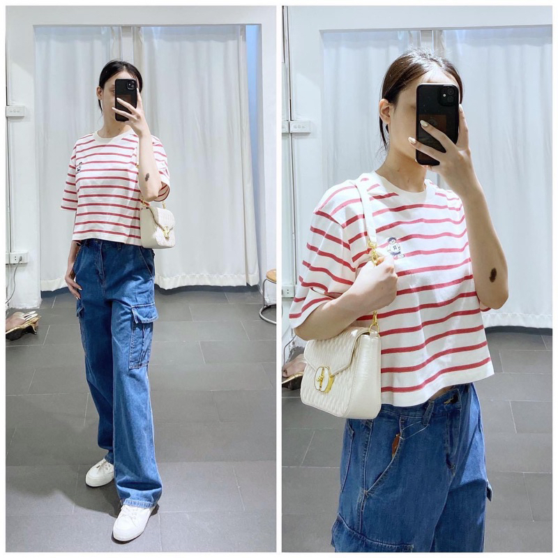 Áo thun croptop sọc thêu logo gấu Spao