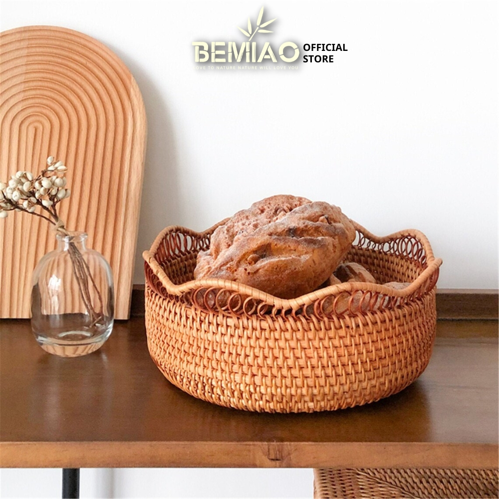 Rổ mây tròn viền sóng BEMIAO đựng thực phẩm, hoa quả, đồ ăn khô, rổ đa năng