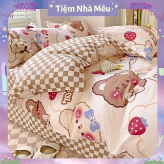 Bộ Chăn Ga Gối Cotton 3D 80% 4 Món Vỏ Gối  Drap Vỏ Chăn Hoạ Tiết Gấu Cute Tiệm Nhà Mêu Hàng Cao Cấp
