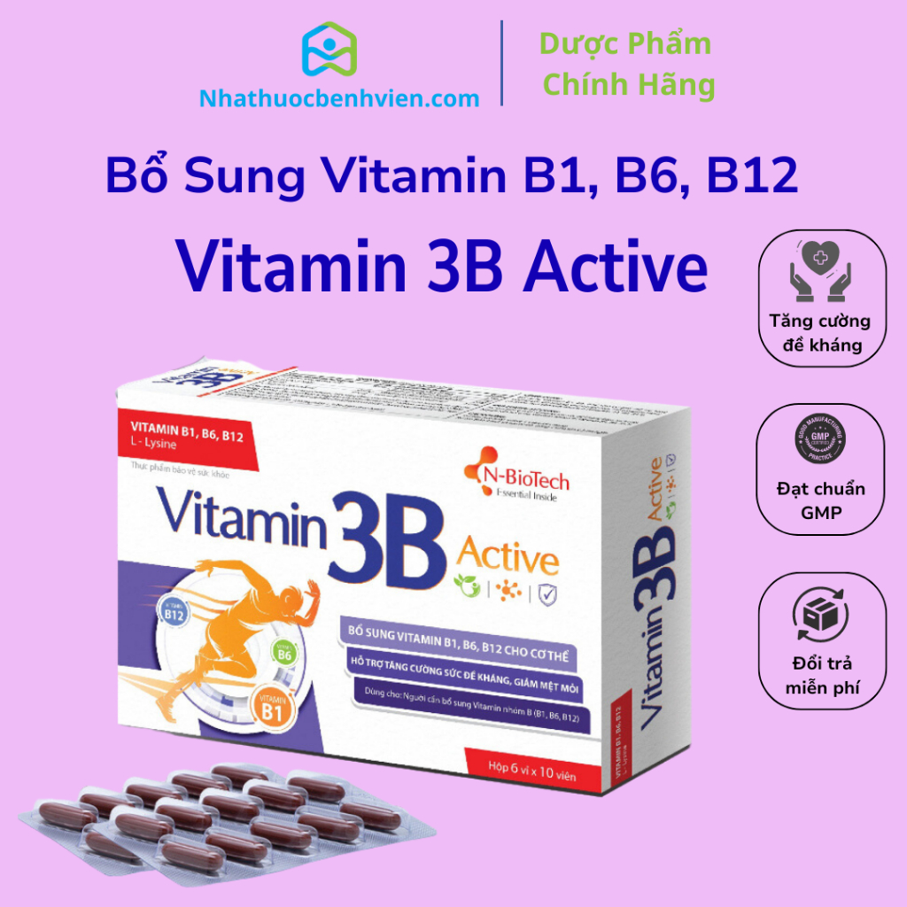 Vitamin 3B Active (60 viên) bổ sung Vitamin B1, B6, B12, tăng cường sức đề kháng, giảm mệt mỏi - N-Biotech hộp 60 viên