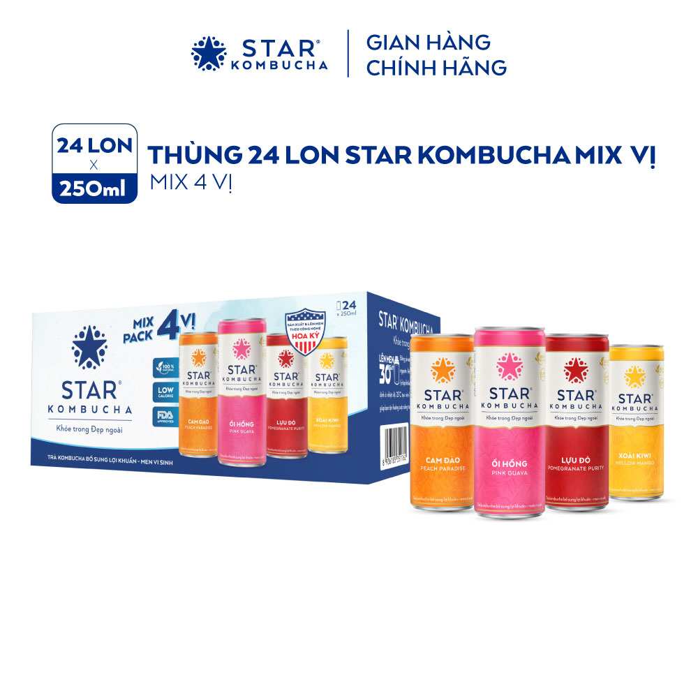 [Độc quyền Online] Thùng 24 lon trà lên men Star Kombucha mix 4 vị (250ml/lon) (Bao bì Xuân 2024)