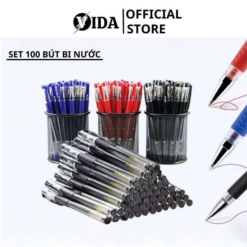 Sét 100 Bút Bi Nước Văn Phòng 0,5mm Mực Đều Nét Chữ Đẹp Đủ Màu Đỏ, Đen, Xanh Siêu Rẻ Siêu Đều Mực SP001830