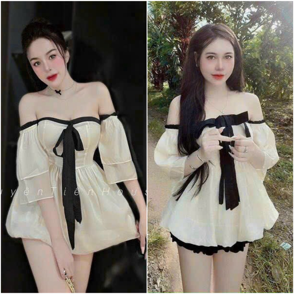 Set bộ đồ nữ áo cúp ngực trễ vai xếp tầng cột nơ ngực cùng với chân váy chữ A xếp li xinh xắn