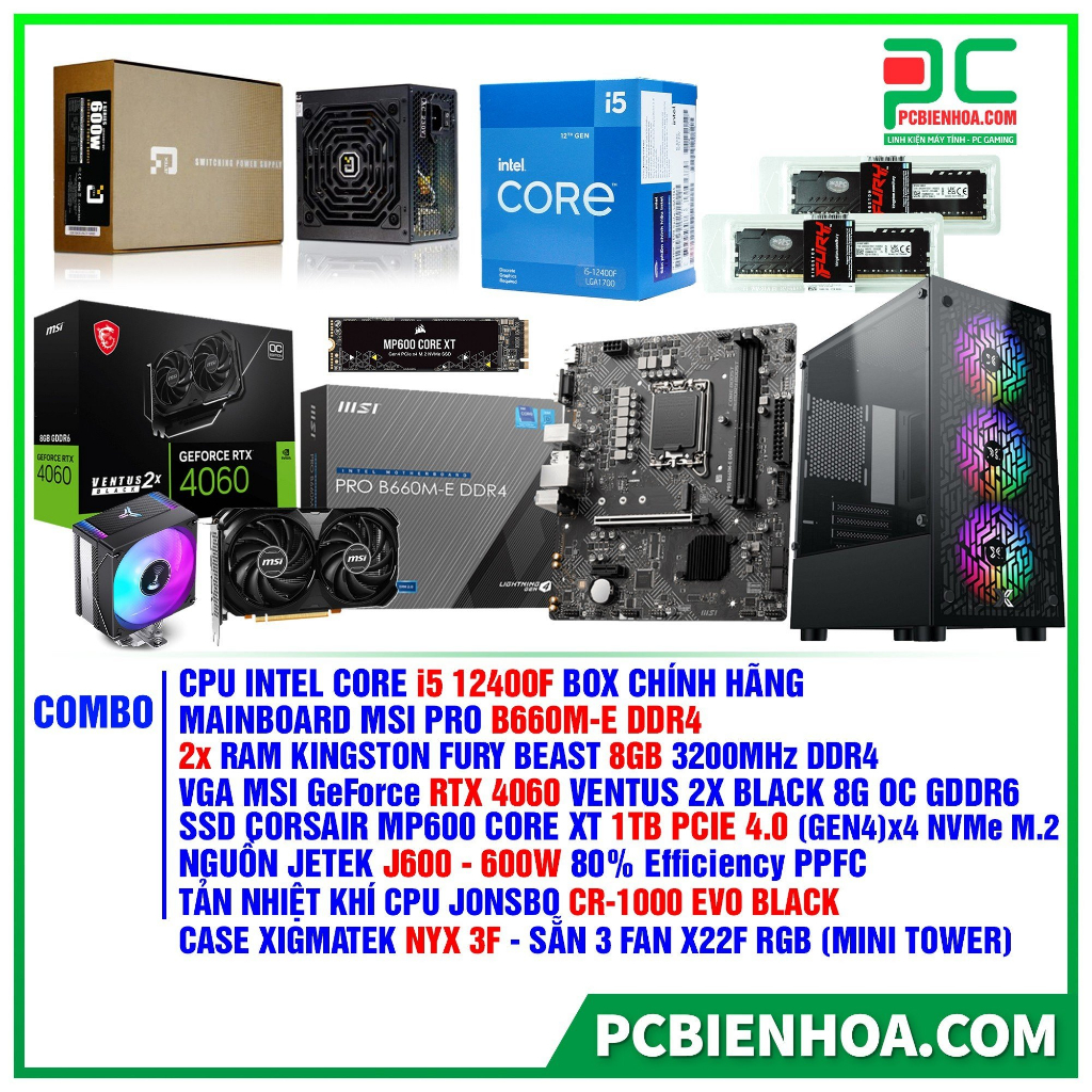 Bộ máy tính -B660M- I5 12400F- 16G- 1T-600W- 4060 8G - 36T