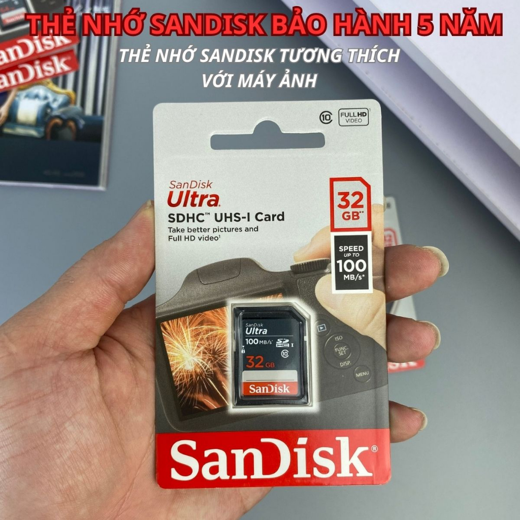 Thẻ nhớ SDHC Sandisk 16G 32G 64G Ultra Class 10 100MB/s ,cho máy ảnh và quay phim FullHD 1080p, chính hãng, BH: 5 năm