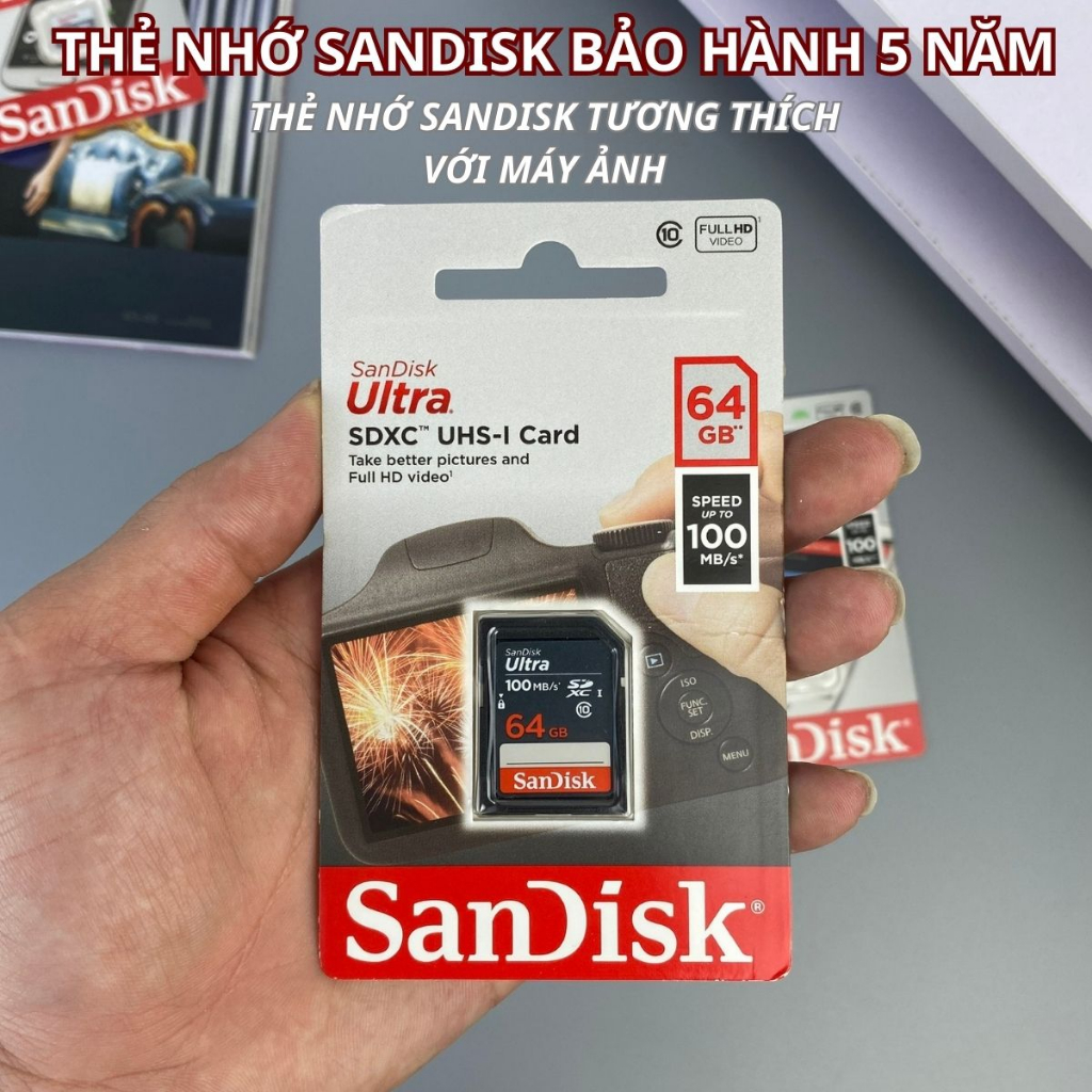 Thẻ nhớ SDHC Sandisk 16G 32G 64G Ultra Class 10 100MB/s ,cho máy ảnh và quay phim FullHD 1080p, chính hãng, BH: 5 năm