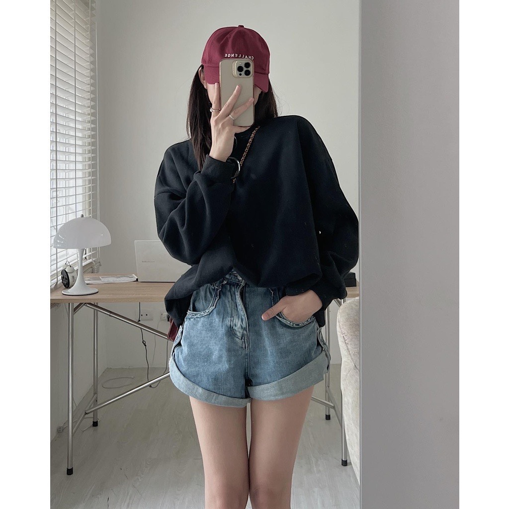 Áo sweater nỉ bông trơn  unisex cổ tròn loại đẹp OVERSIZE, nam nữ mặc đôi Aosweater876 P4
