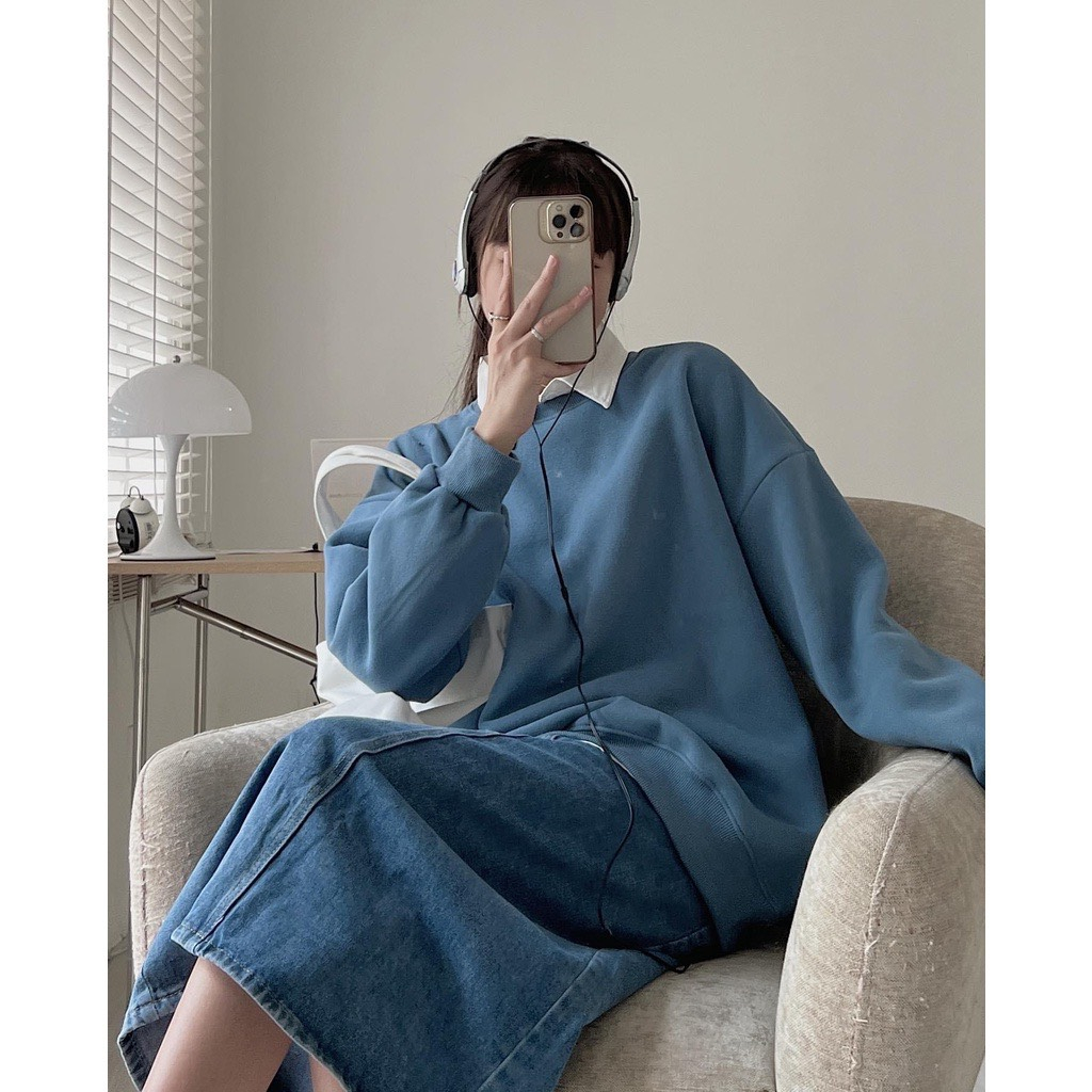 Áo sweater nỉ bông trơn  unisex cổ tròn loại đẹp OVERSIZE, nam nữ mặc đôi Aosweater876 P4