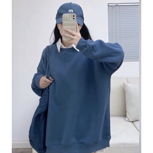 Áo sweater nỉ bông trơn  unisex cổ tròn loại đẹp OVERSIZE, nam nữ mặc đôi Aosweater876 P4