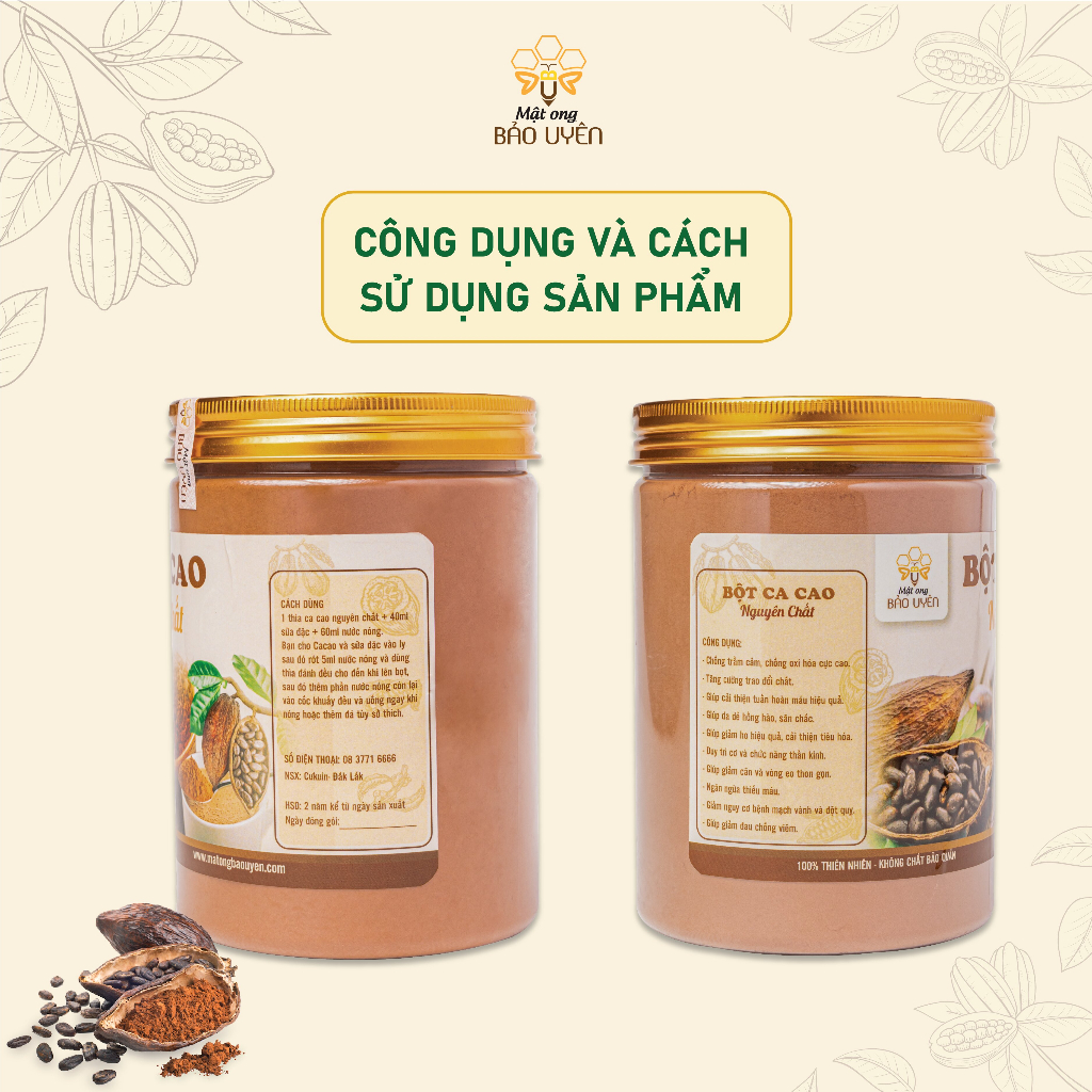 Bột Ca Cao Nguyên Chất Đắk Lắk Bảo Uyên Giàu Chất Dinh Dưỡng Giảm Mệt Mỏi Trọng Lượng 300g