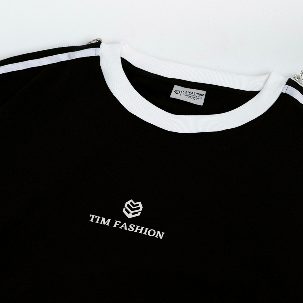 Áo Thun Unisex TIM FASHION Form Rộng Sọc Vai Phối Zip - Áo Phông Nam Nữ 100% Cotton