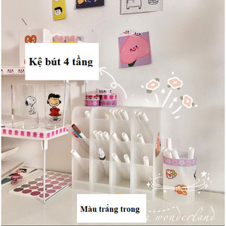 Kệ đựng bút, hộp đựng bút, ống bút để bàn 4 tầng màu trắng phụ kiện văn phòng phẩm decor bàn học đáng yêu
