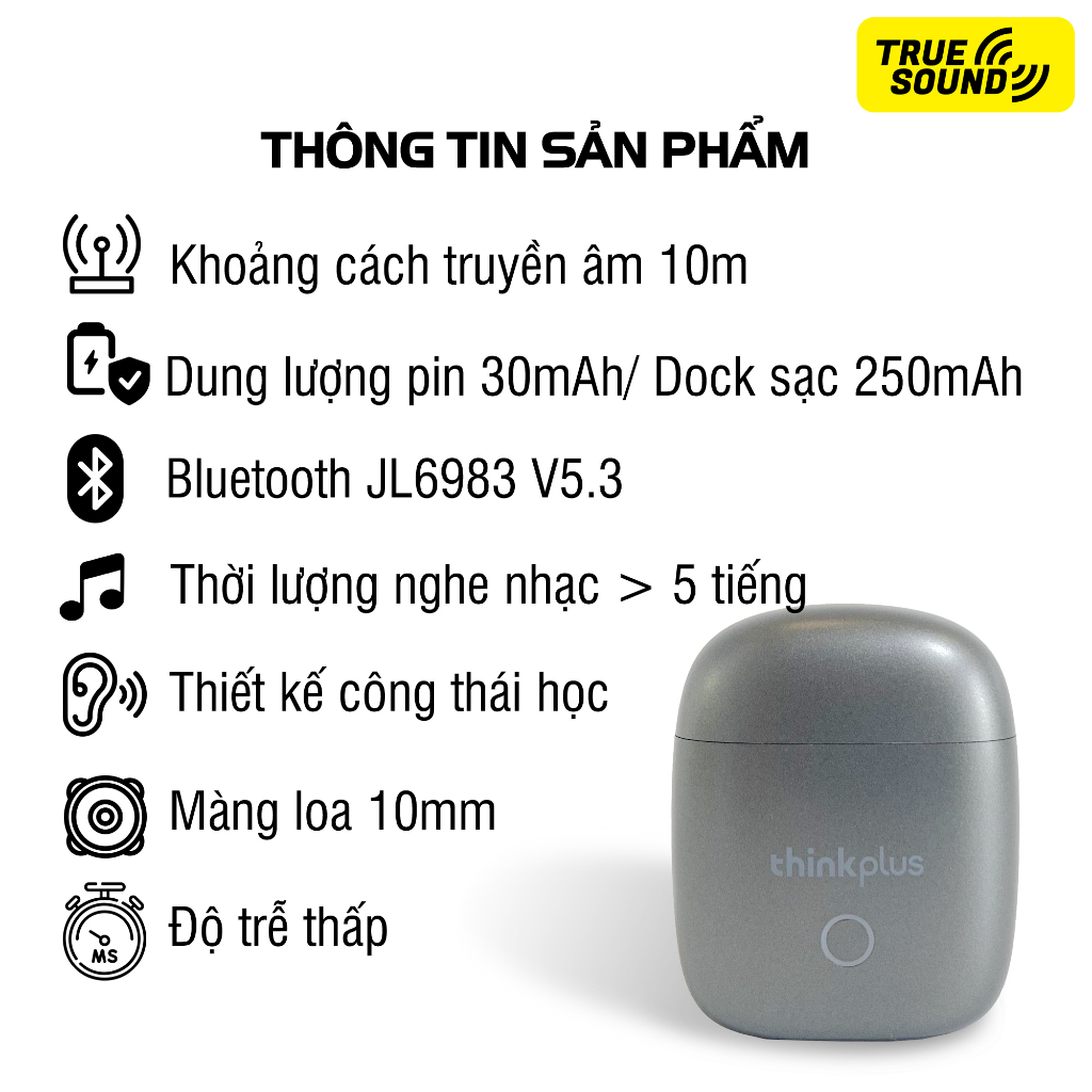 Tai nghe Bluetooth LENOVO TWS LP50 5.3V. Chuẩn chống nước IPX5.