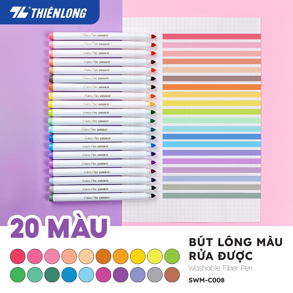 Bút lông 20 màu Pastel Washable Fiber Pen Thiên Long Colokit SWM-C008 - Bút lông màu rửa được