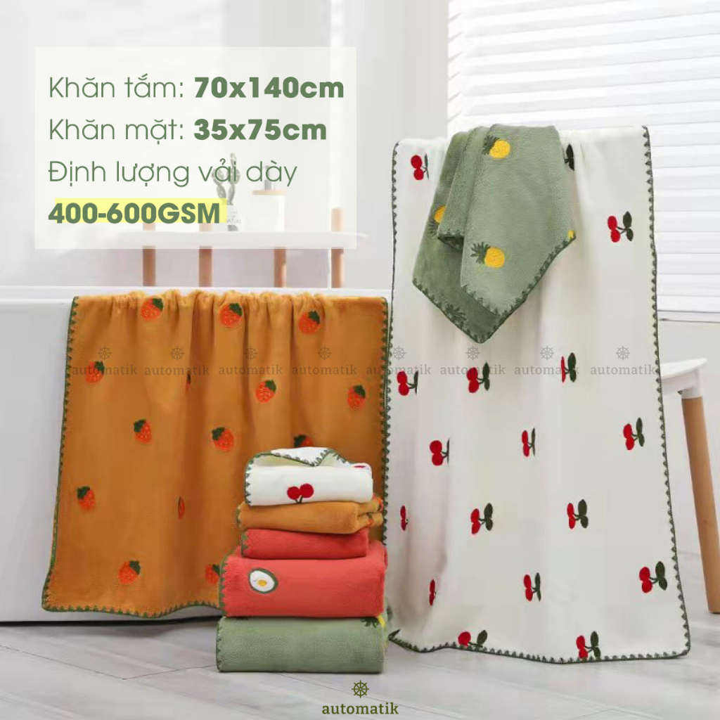 Set 3 Khăn Tắm Lông Cừu Combo Khăn Tắm Hoạ Tiết Trái Cây Tặng Kèm Hộp Và Túi Quà