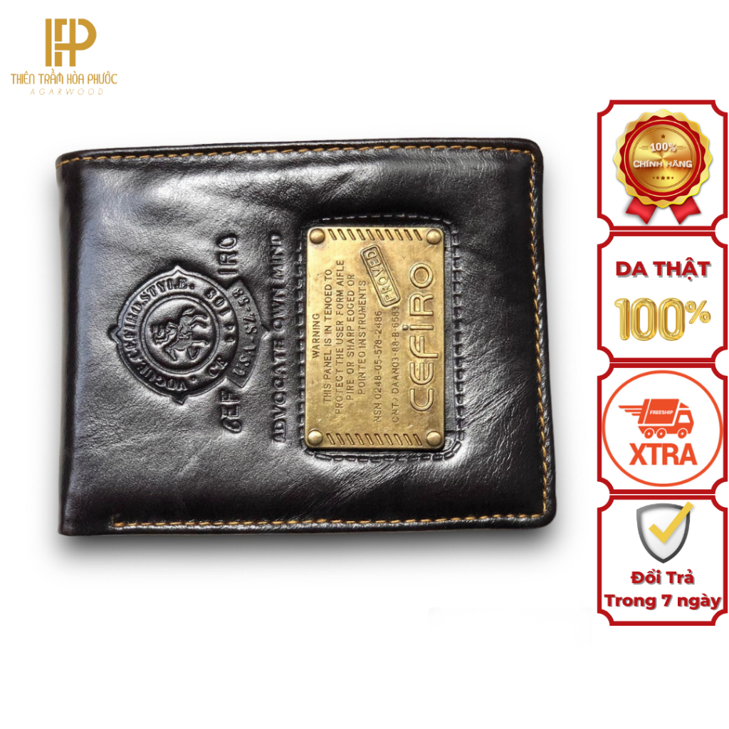 Bóp Ví Cefiro Da Bò Thật Logo Bằng Đồng Bảng Lớn - Bóp Nam Đựng Thẻ, Giấy Tờ Tặng Kèm Hộp