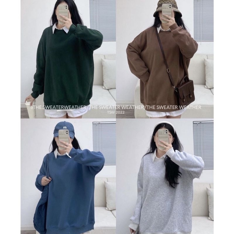 Áo nỉ bông sweater trơn nam nữ basic cổ tròn tay bo loại 1 form rộng oversize trùm mông dày dặn Quảng Châu
