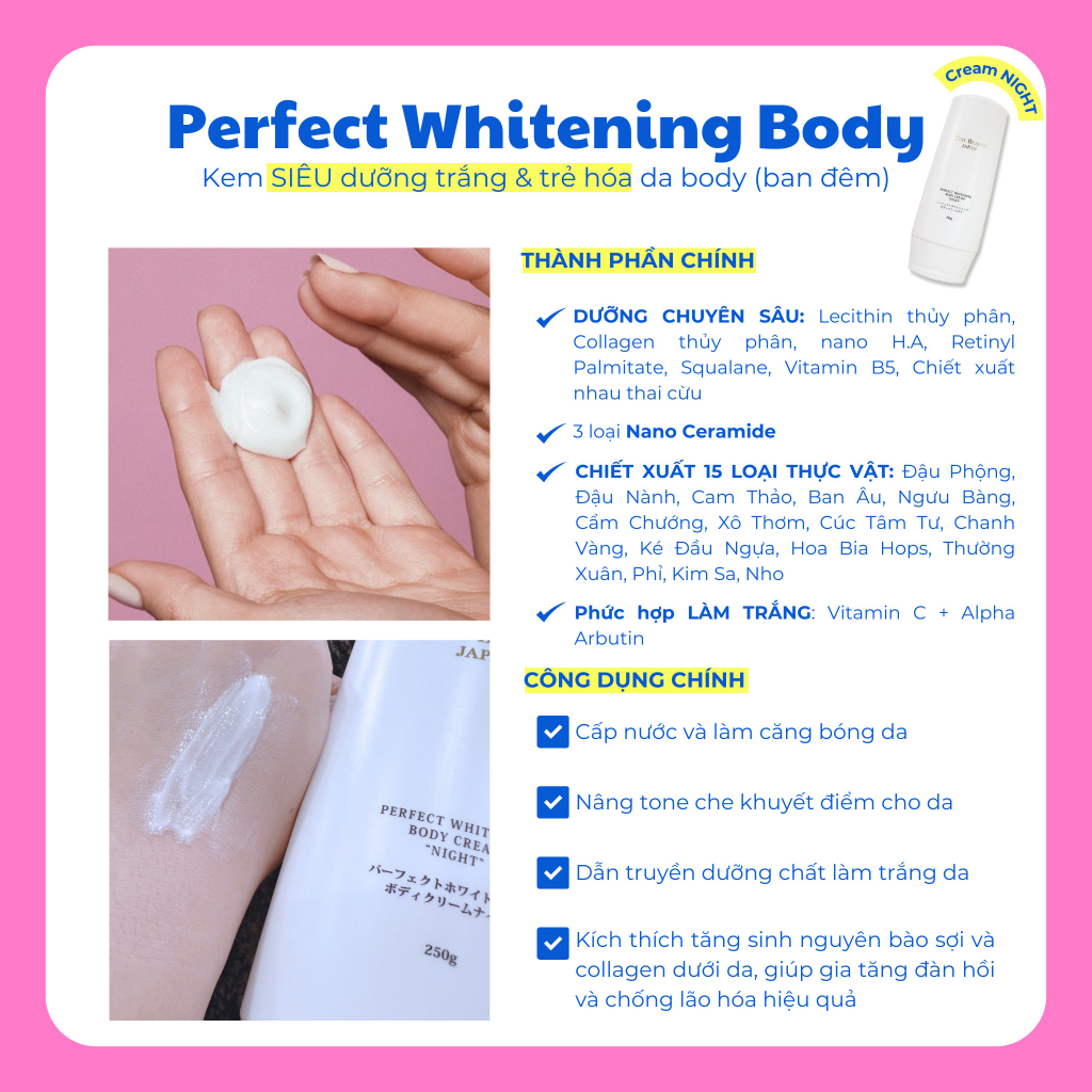 Perfect Whitening BODY cream NIGHT/ Kem dưỡng cơ thể ban đêm/ BODY ĐÊM