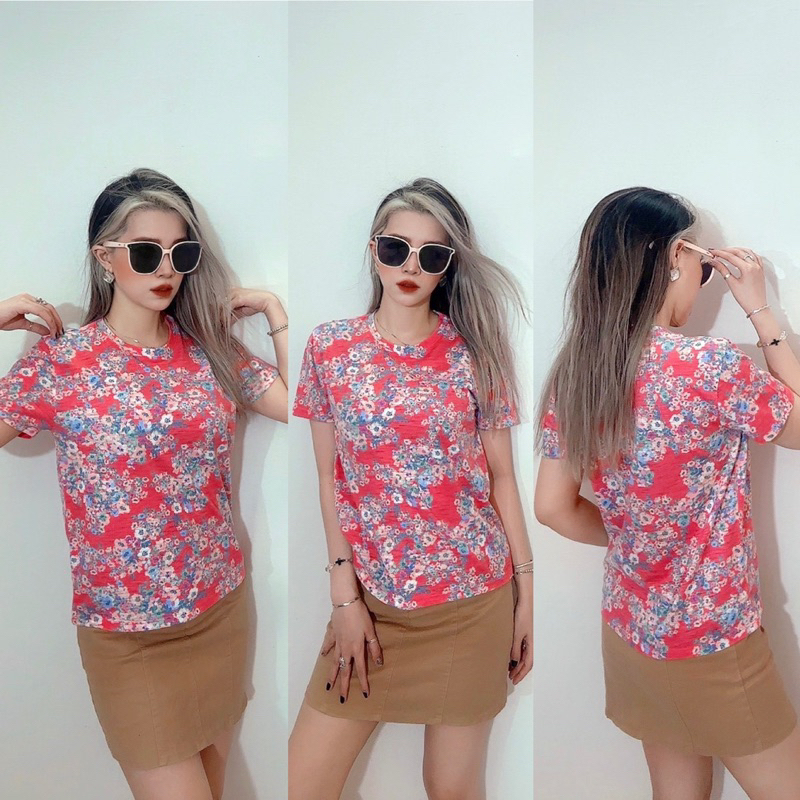 Áo thun basic form rộng cổ tròn thun cotton hoa nhí