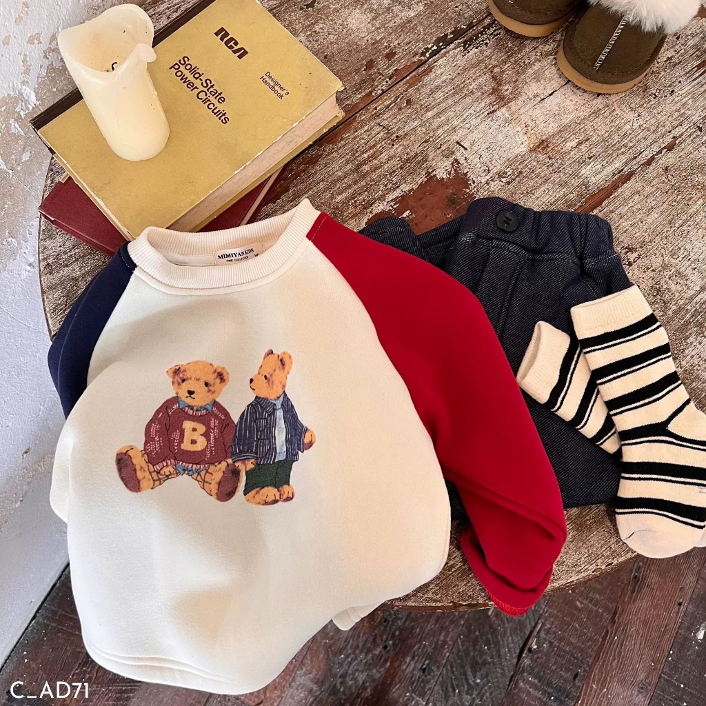 Áo nỉ gấu phối tay xanh đỏ Embes Kids, áo nỉ diện thu đông bé trai từ 11kg - 31kg