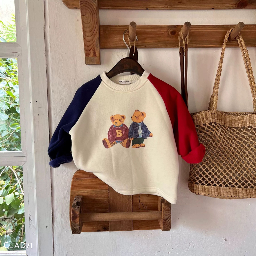 Áo nỉ gấu phối tay xanh đỏ Embes Kids, áo nỉ diện thu đông bé trai từ 11kg - 31kg