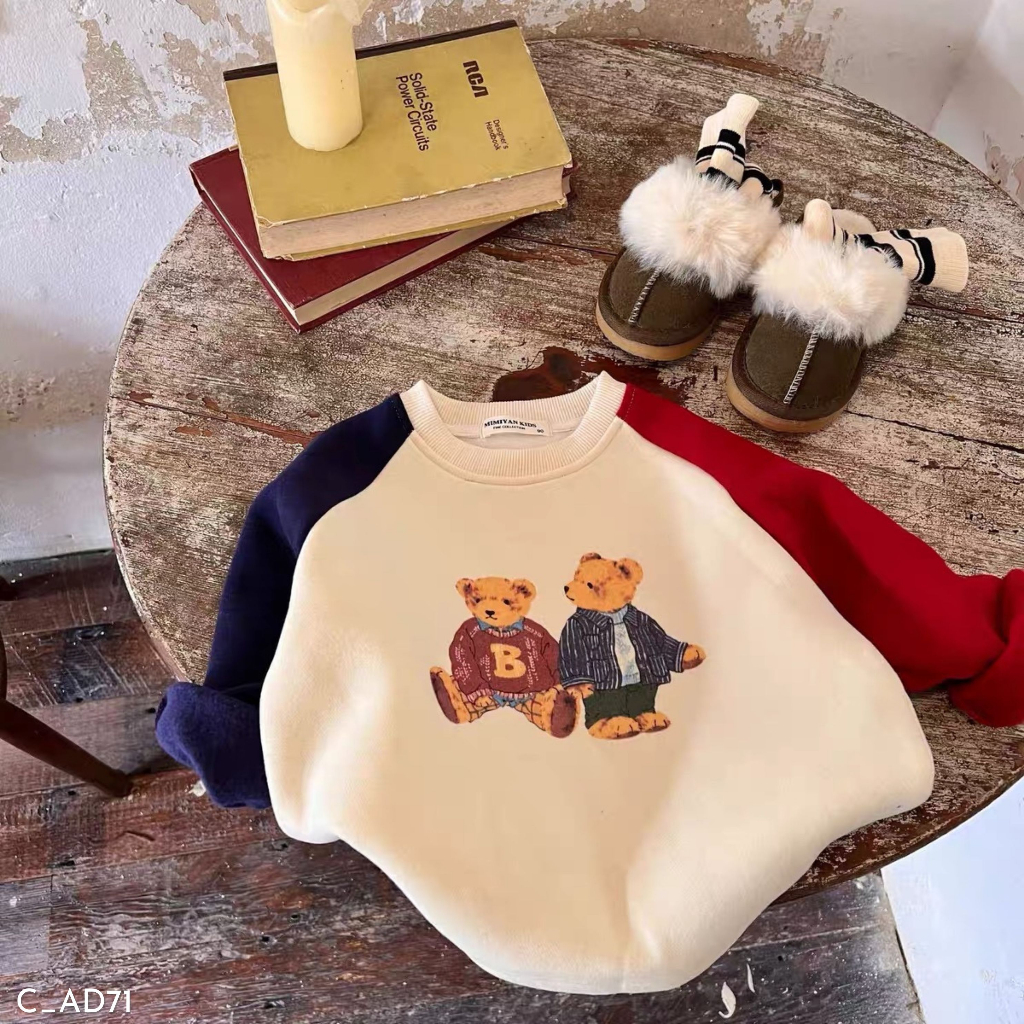 Áo nỉ gấu phối tay xanh đỏ Embes Kids, áo nỉ diện thu đông bé trai từ 11kg - 31kg