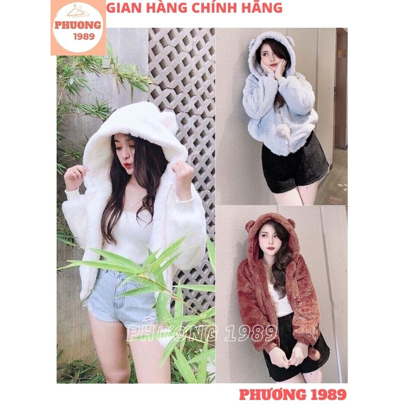 Áo khoác lông nữ quả bông ấm áp mượt mà, Áo lông cừu mùa đông form rộng tai gấu dễ thương
