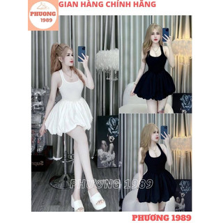 Váy 3 lỗ ôm body xoè vạt bo chun bồng bềnh 2 màu đen trắng, Jum 2 dây chun xèo điệu đà sang chảnh - LUNA