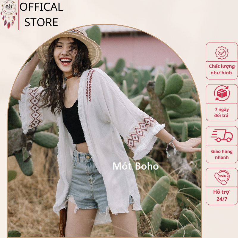 Áo khoác mỏng viền đỏ MÓT BOHO chất đũi thêu hoạ tiết phong cách Bohemian | BigBuy360 - bigbuy360.vn