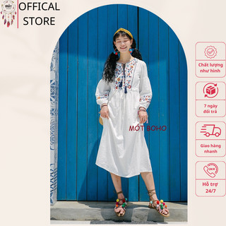 Váy cổ tròn linen thêu, eo dây rút chun