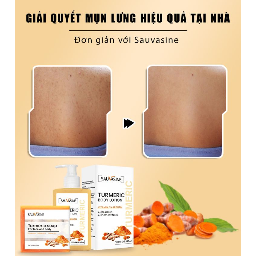 Bộ đôi nghệ đỏ giảm mụn lưng SAUVASINE, xà phòng nghệ đỏ Sauvasine và sữa dưỡng thể Sauvasine giảm mụn cơ thể, mờ thâm