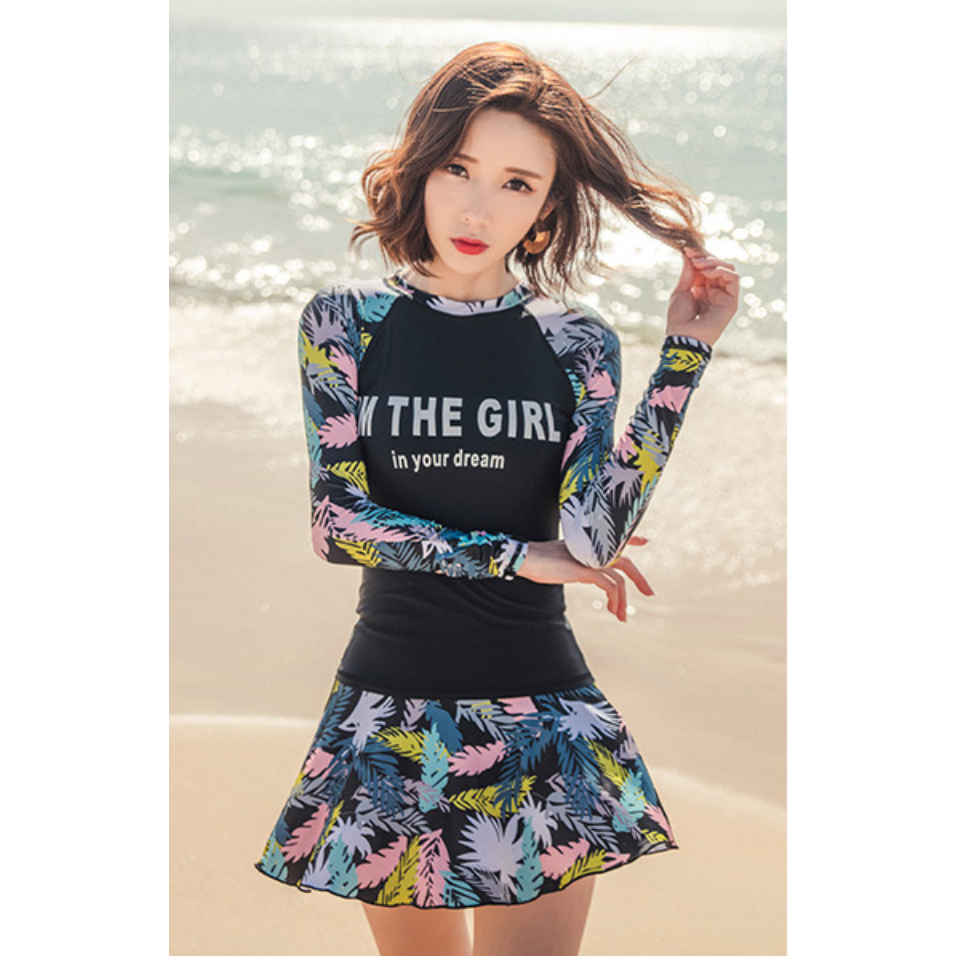 Đồ Bơi Nữ Bikini Lanbishop Hai Mảnh Tay Dài Áo Dài Váy Xòe Hoa 051