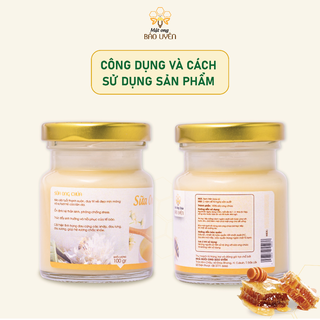 Sữa Ong Chúa Tươi Nguyên Chất Bảo Uyên Giúp Giảm Căng Thẳng Tăng Cường Hệ Miễn Dịch 100gr