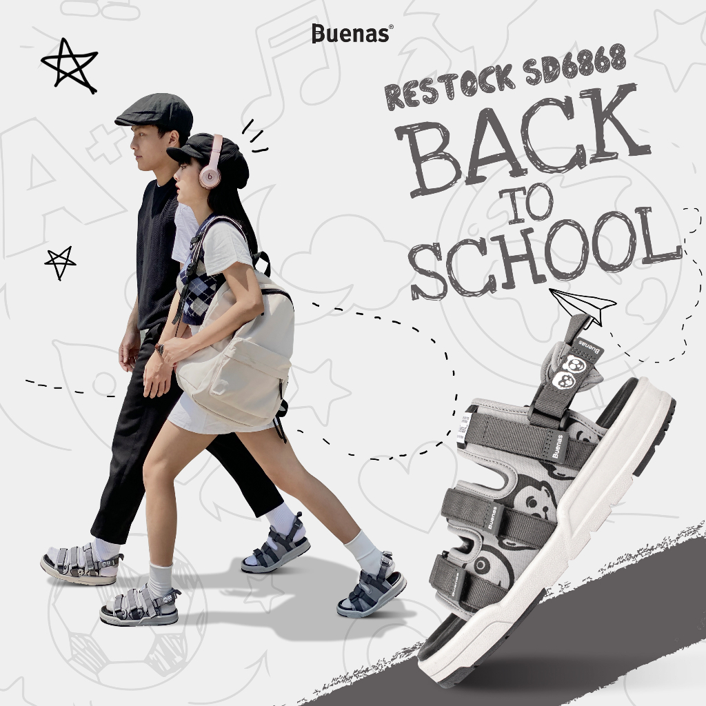 Giày sandal nam nữ unisex đi học quai ngang Buenas Sport 6868 CARTOON đế cao 3 phân