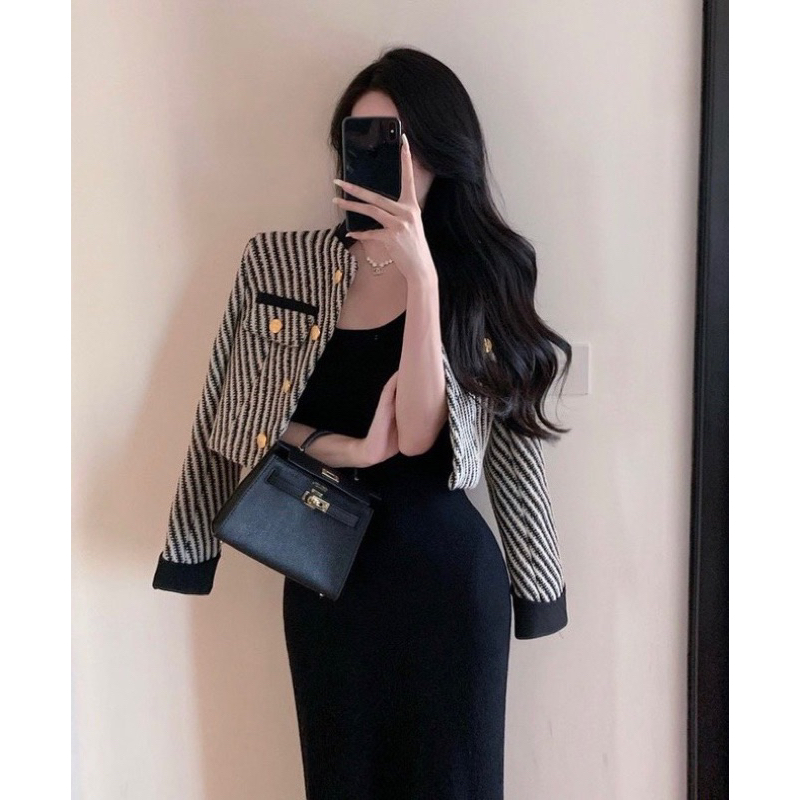 Áo Khoác Dạ Kẻ Nữ Cổ Tàu Size S M - Halinh Shop - Áo Khoác Dạ Lửng Kẻ Tweed Chất Qc Cúc Đồng Xịn Phối Tay I.miss