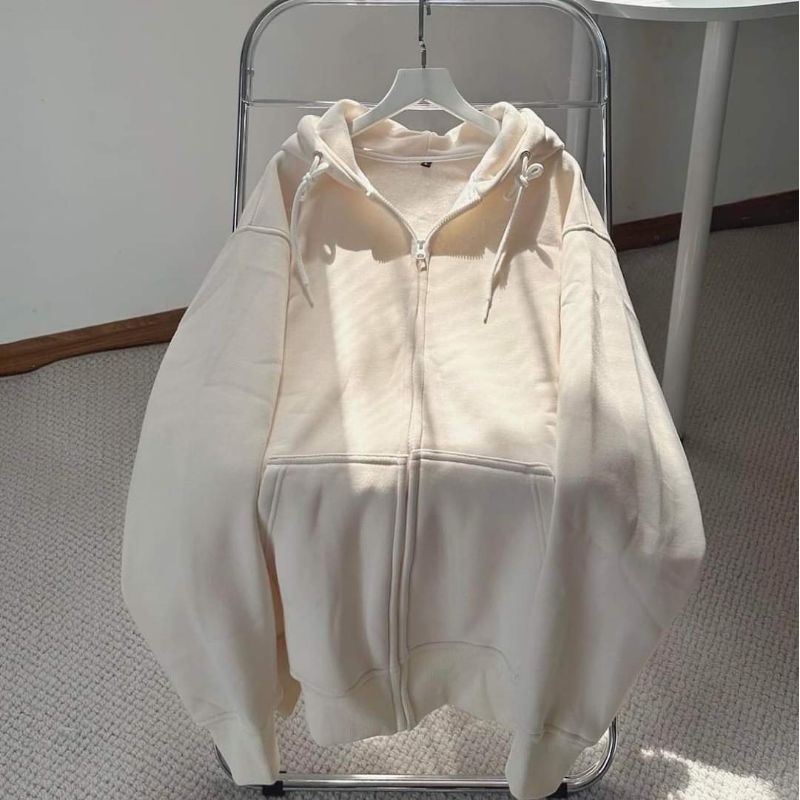 Áo Khoác Zip Chất Nỉ Bông Mũ To 2 Lớp Dày Dặn Form Rộng Ullzzang Oversize -- Áo Khoác Nỉ Trơn