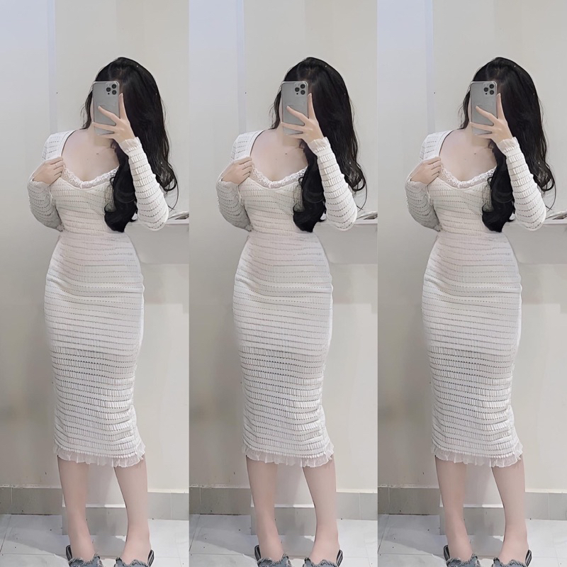 SET ĐẦM BODY VIỀN REN KÈM KHOÁC CROP TRẮNG 💦