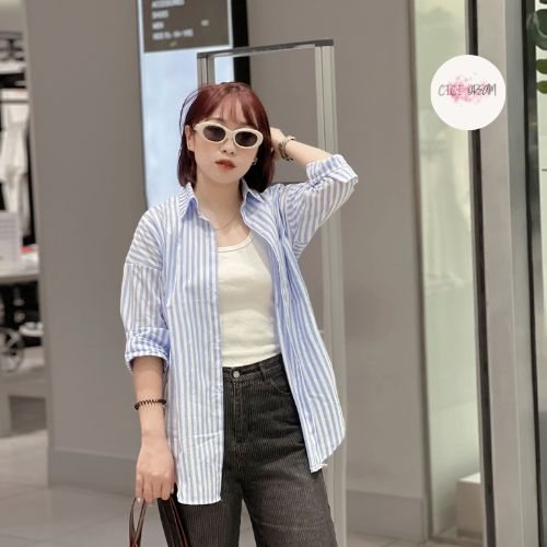 Áo sơ mi kẻ sọc xanh dáng rộng dài tay style Hàn Quốc hottrend 2023