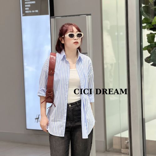 Áo sơ mi kẻ sọc xanh dáng rộng dài tay style Hàn Quốc hottrend 2023