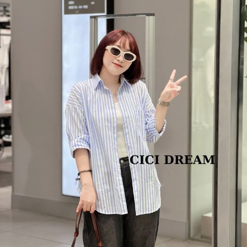 Áo sơ mi kẻ sọc xanh dáng rộng dài tay style Hàn Quốc hottrend 2023