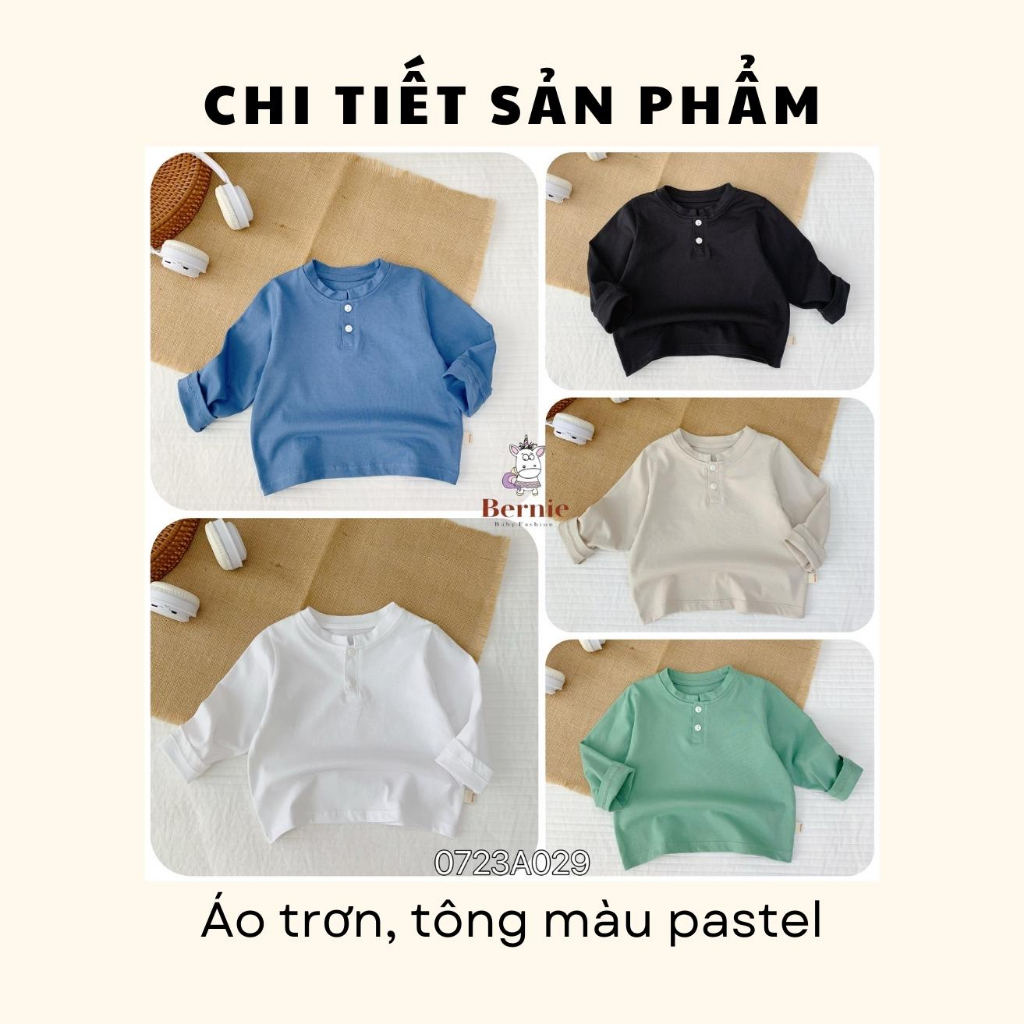 ÁO PHÔNG DÀI TAY TRƠN CHO BÉ, ÁO PHÔNG DÀI TAY BASIC ĐÍNH CÚC NGỰC