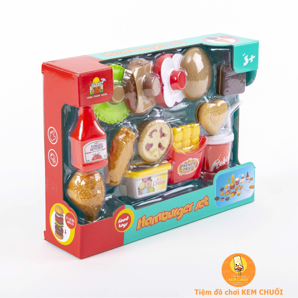 Đồ chơi trẻ em nấu ăn nhà bếp cửa hàng thức ăn nhanh buger khoai tây chiên nước ngọt tương cà gà rán bánh ngọt như hình