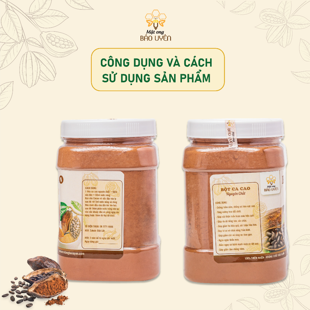 Bột Ca Cao Nguyên Chất Đắk LắK Bảo Uyên Cung Cấp Năng Lượng Cho Ngày Dài Hộp Tròn Nắp Nhựa 500g