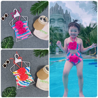 Set bơi màu hoa hồng cho bé gái sọc màu thời trang