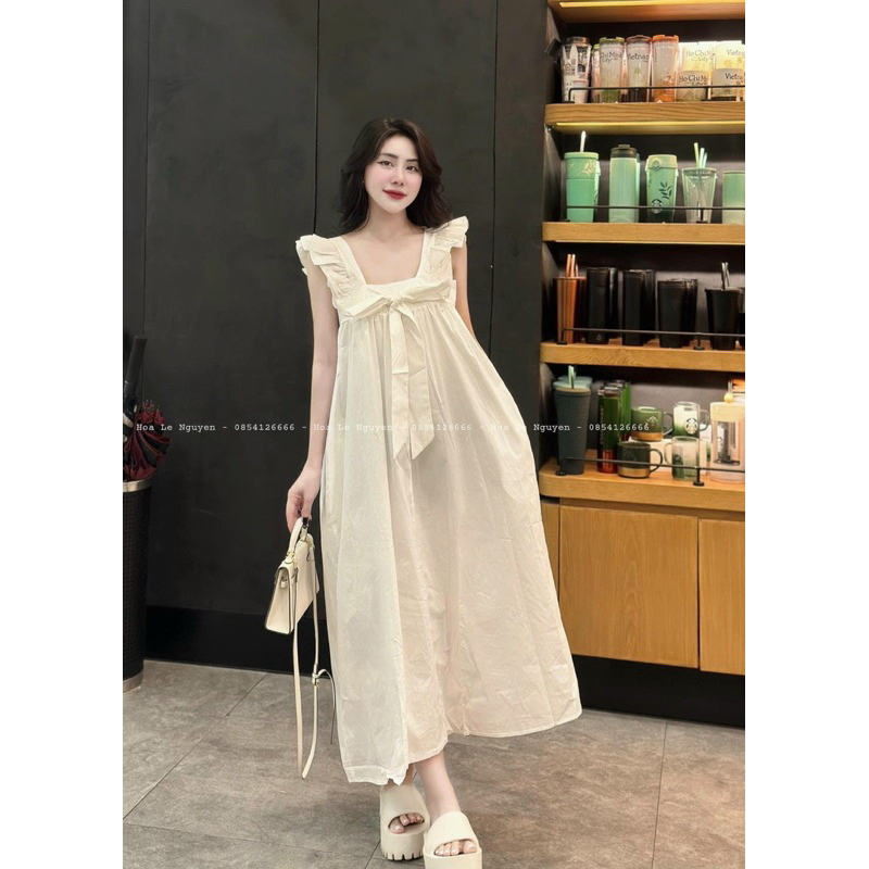 Đầm Cổ Vuông Dáng Dài Babydoll Đơn Giản Sau Lưng Bo Chun Chất Vải Sơ Mi Cotton Được May 2 Lớp Không Mỏng